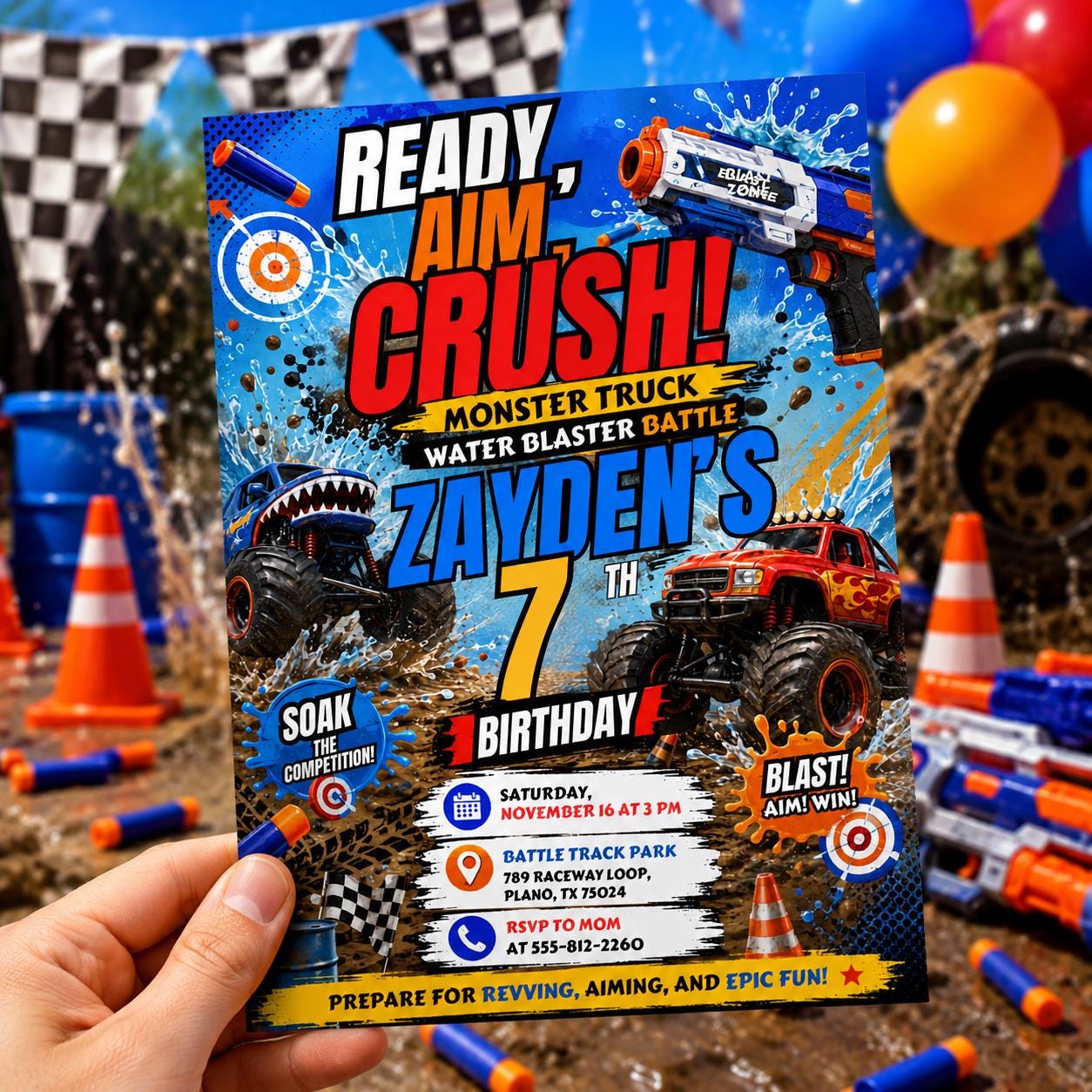 Monster Truck Water Battle Birthday, Blaster Birthday Invitation, Dart Battle Party Invite, Ready Aim Party Theme, Editable Canva Template __etsy:8047045644