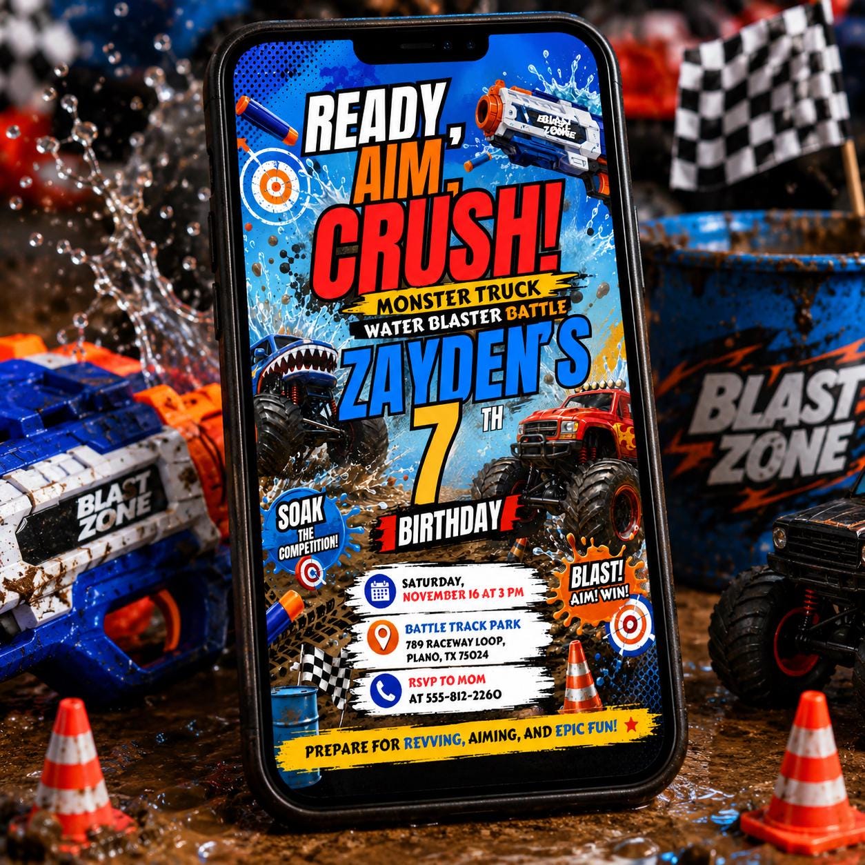 Monster Truck Water Battle Birthday, Blaster Birthday Invitation, Dart Battle Party Invite, Ready Aim Party Theme, Editable Canva Template __etsy:8094954123