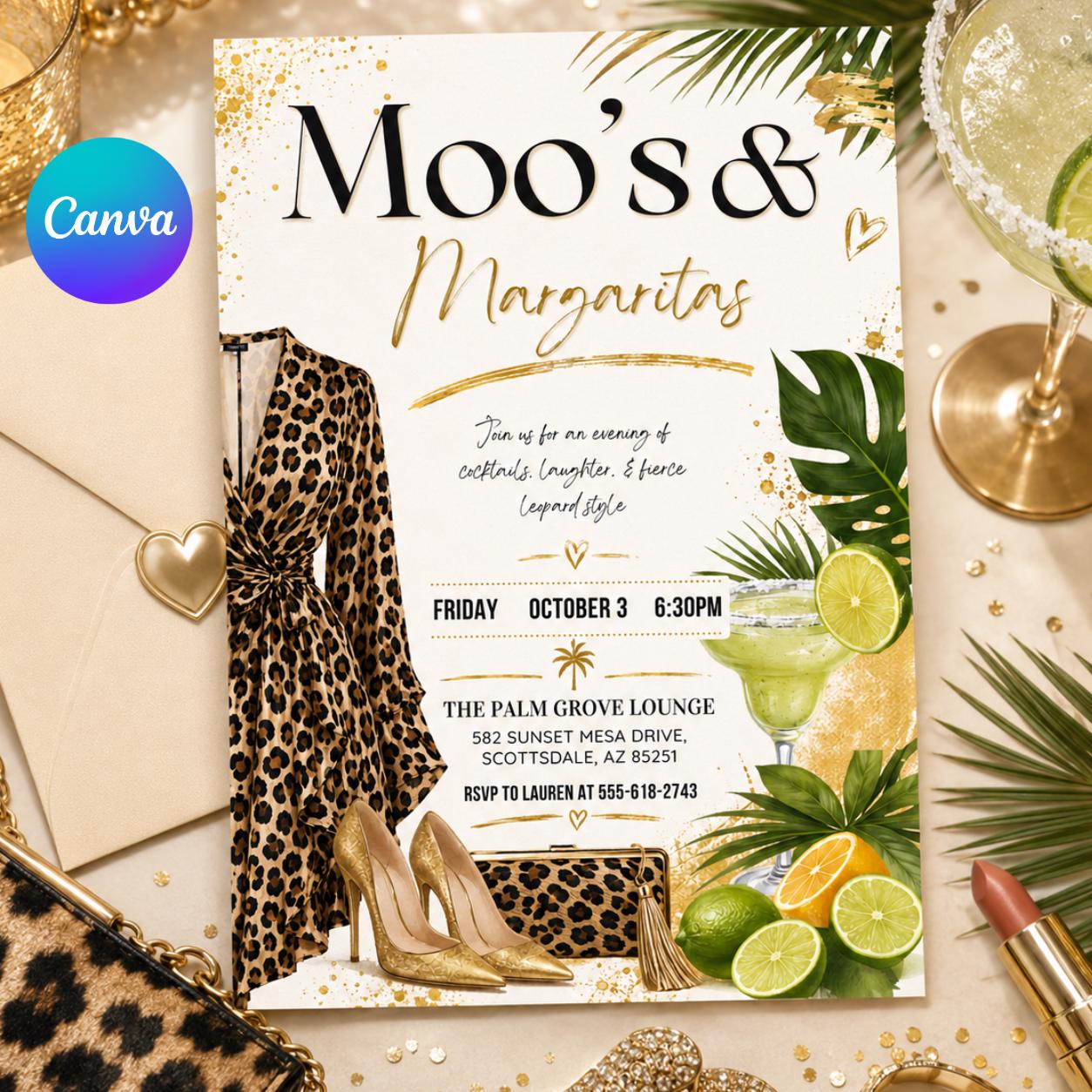 Moo Moos and Margaritas Invitation, Mumu & Margaritas Party Invite, Ladies Night Invitation, Leopard Pajama Girls Day Invite, Editable Canva __etsy:8075566919
