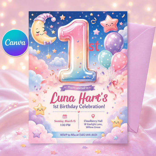 Moon and Stars First Birthday Invitation, Twinkle Little Star Girl Invite, Editable Printable Canva Template __etsy:8173907466