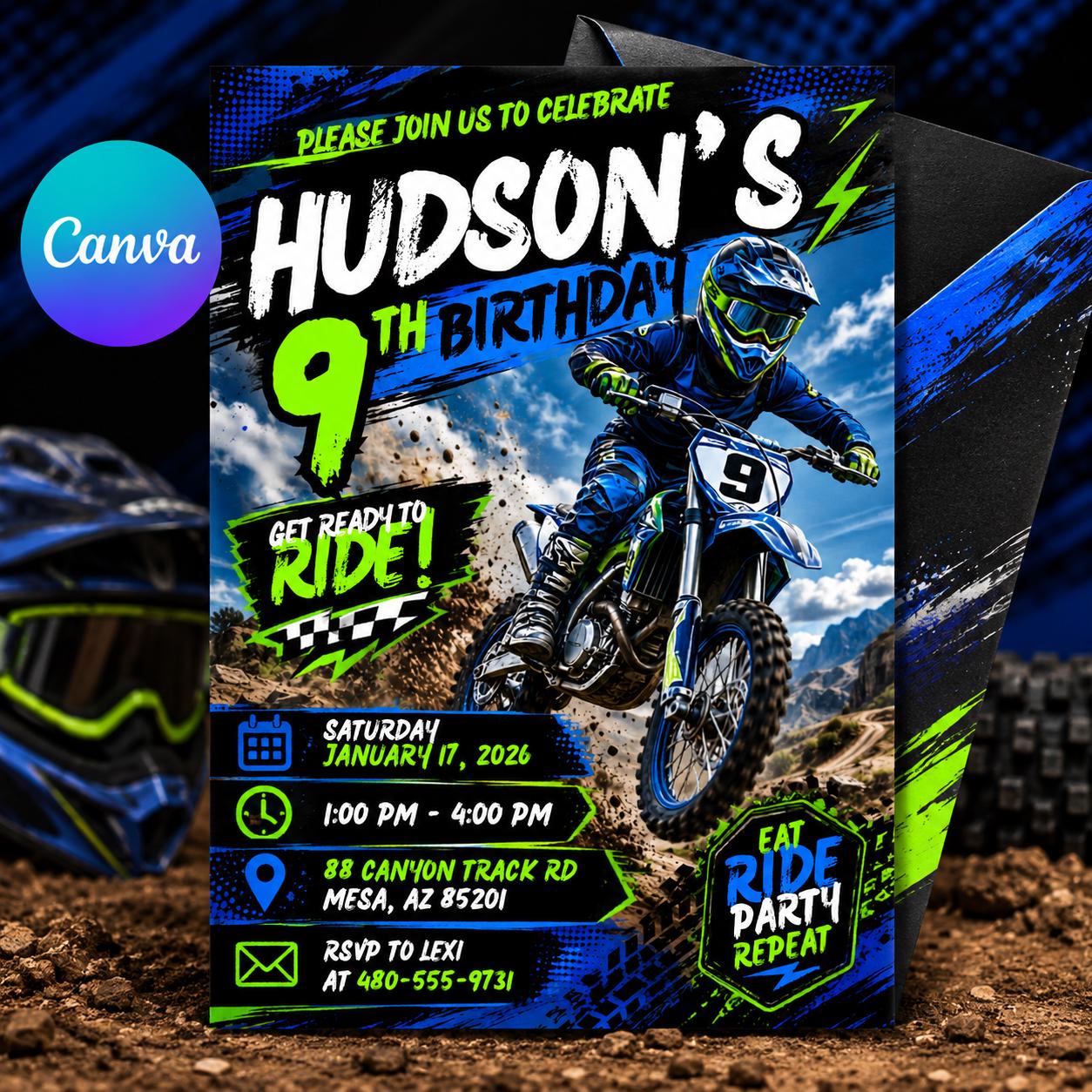 Motocross Birthday Invitation Template, Editable Canva Motocross Party Invite for Kids, Dirt Bike Birthday Theme, Editable Canva Template __etsy:8085859963