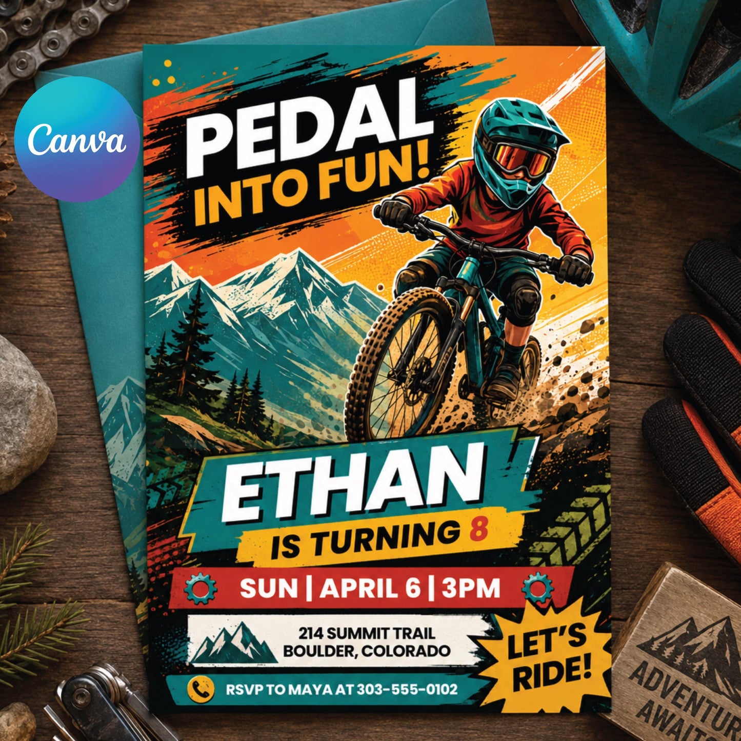 Mountain Bike Birthday Invitation, Motocross Birthday Invitation, Extreme Bike Party Invite Template, Editable Canva Template __etsy:8072223205