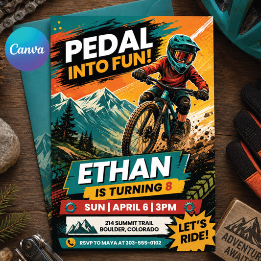 Mountain Bike Birthday Invitation, Motocross Birthday Invitation, Extreme Bike Party Invite Template, Editable Canva Template __etsy:8072223205
