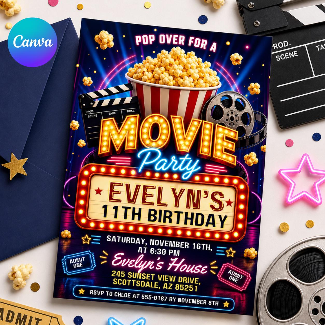 Movie Night Birthday Invitation, Movie Party Invitation, Cinema Invitation, Backyard Movie Night Birthday Birthday Invite, Editable Canva __etsy:7987943852