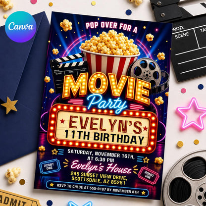 Movie Night Birthday Invitation, Movie Party Invitation, Cinema Invitation, Backyard Movie Night Birthday Birthday Invite, Editable Canva __etsy:7987943852
