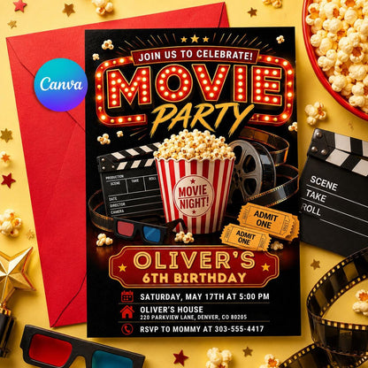 Movie Night Birthday Invitation, Movie Party Invitation, Cinema Invitation, Backyard Movie Night Birthday Birthday Invite, Editable Canva __etsy:8036805812