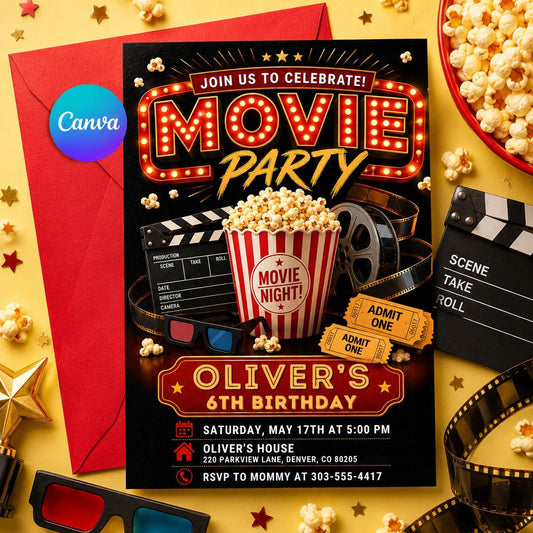 Movie Night Birthday Invitation, Movie Party Invitation, Cinema Invitation, Backyard Movie Night Birthday Birthday Invite, Editable Canva __etsy:8036805812