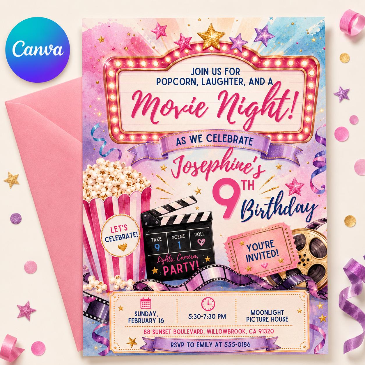 Movie Night Birthday Invitation, Movie Party Invitation, Cinema Invitation, Backyard Movie Night Birthday Birthday Invite, Editable Canva __etsy:8063260790