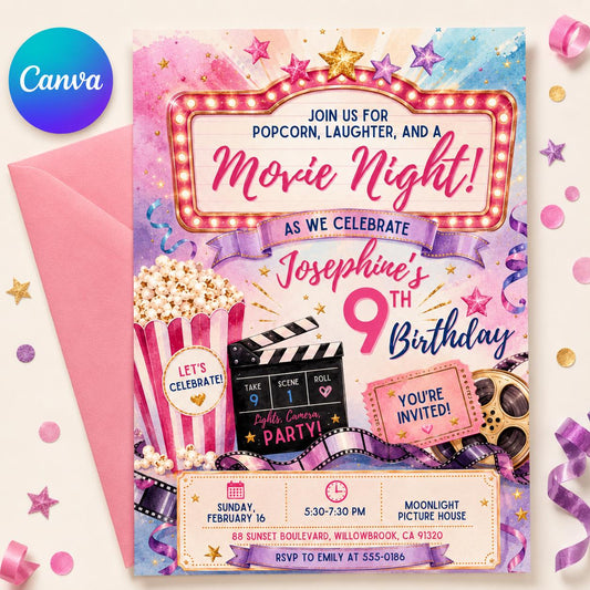 Movie Night Birthday Invitation, Movie Party Invitation, Cinema Invitation, Backyard Movie Night Birthday Birthday Invite, Editable Canva __etsy:8063260790