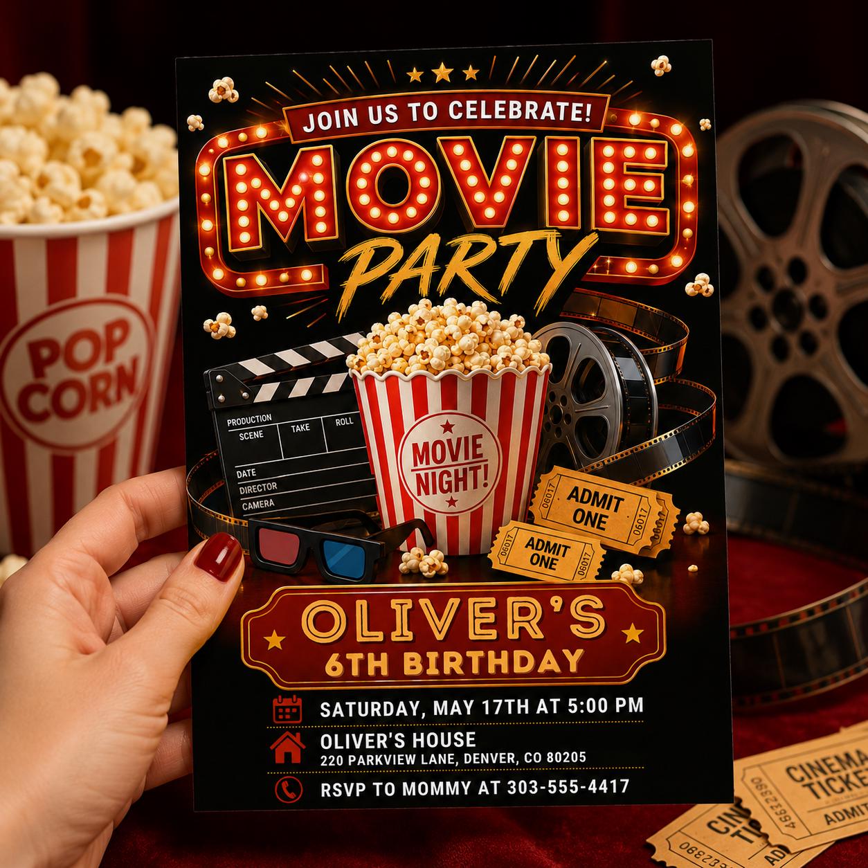 Movie Night Birthday Invitation, Movie Party Invitation, Cinema Invitation, Backyard Movie Night Birthday Birthday Invite, Editable Canva __etsy:8036805802