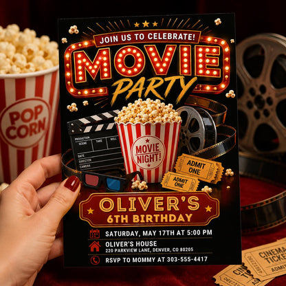 Movie Night Birthday Invitation, Movie Party Invitation, Cinema Invitation, Backyard Movie Night Birthday Birthday Invite, Editable Canva __etsy:8036805802