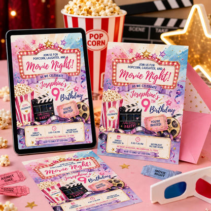 Movie Night Birthday Invitation, Movie Party Invitation, Cinema Invitation, Backyard Movie Night Birthday Birthday Invite, Editable Canva __etsy:8063260760