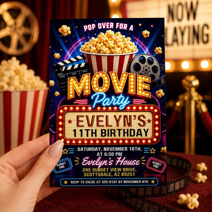Movie Night Birthday Invitation, Movie Party Invitation, Cinema Invitation, Backyard Movie Night Birthday Birthday Invite, Editable Canva __etsy:8035836511