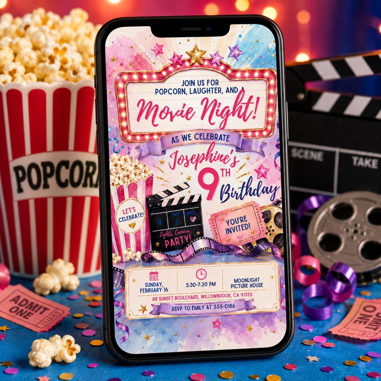 Movie Night Birthday Invitation, Movie Party Invitation, Cinema Invitation, Backyard Movie Night Birthday Birthday Invite, Editable Canva __etsy:8063260786