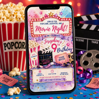 Movie Night Birthday Invitation, Movie Party Invitation, Cinema Invitation, Backyard Movie Night Birthday Birthday Invite, Editable Canva __etsy:8063260786
