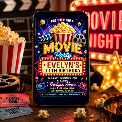 Movie Night Birthday Invitation, Movie Party Invitation, Cinema Invitation, Backyard Movie Night Birthday Birthday Invite, Editable Canva __etsy:7987896662