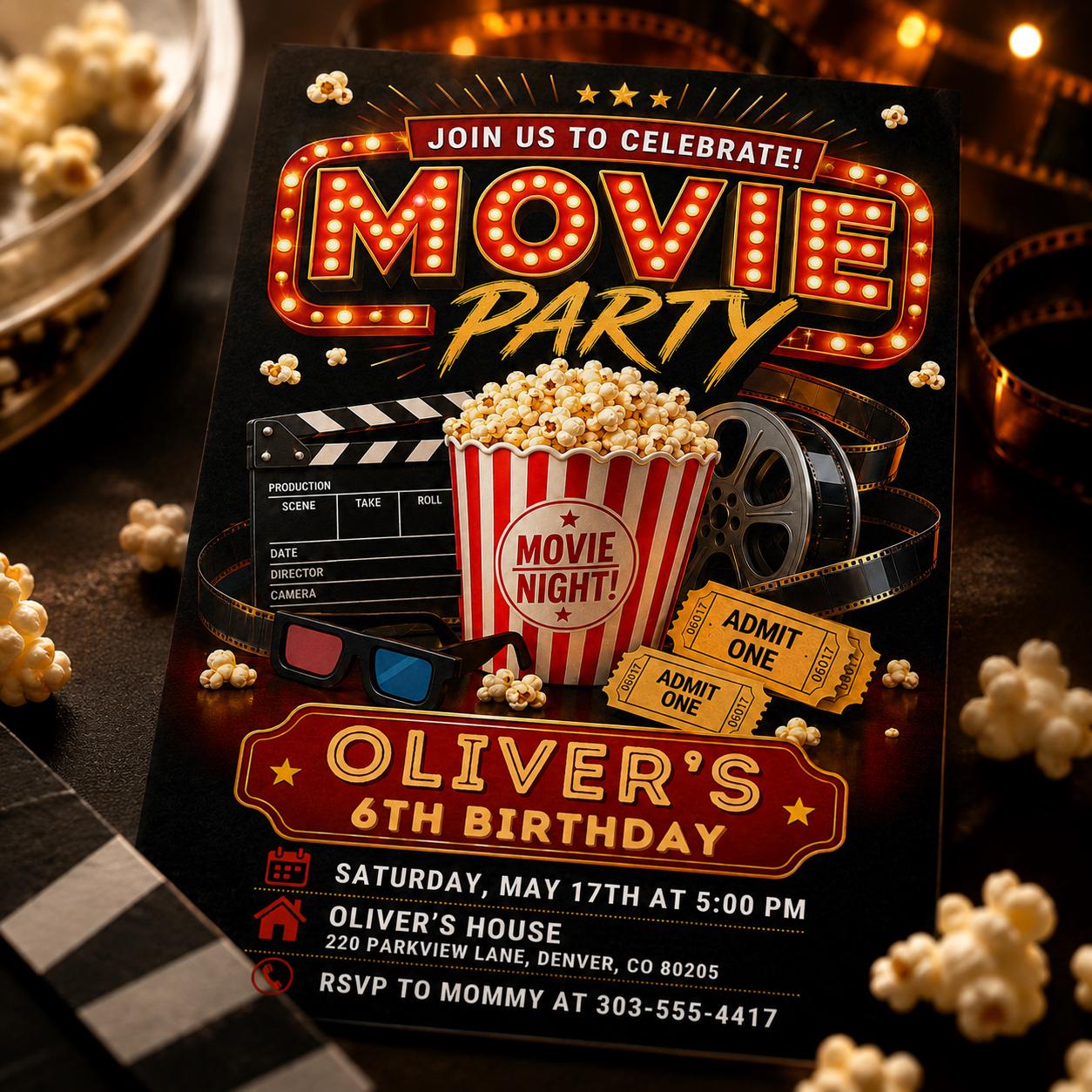 Movie Night Birthday Invitation, Movie Party Invitation, Cinema Invitation, Backyard Movie Night Birthday Birthday Invite, Editable Canva __etsy:8084720687