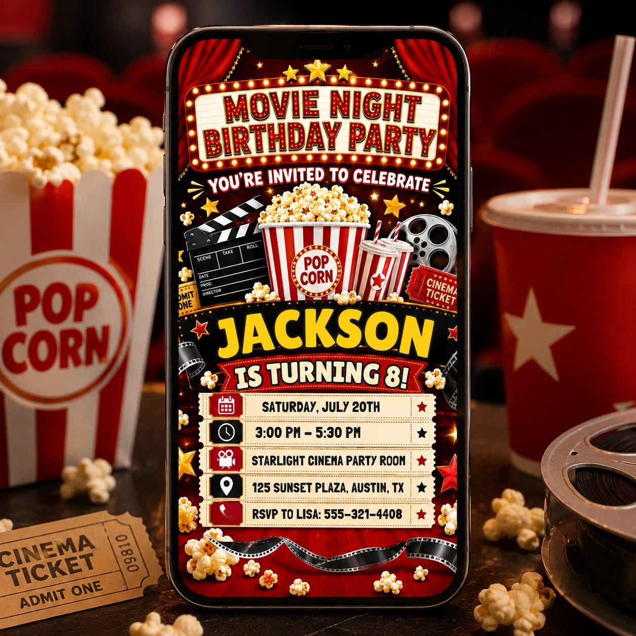 Movie Night Birthday Invitation, Movie Party Invitation, Cinema Invitation, Backyard Movie Night Birthday Birthday Invite, Editable Canva __etsy:8056265114