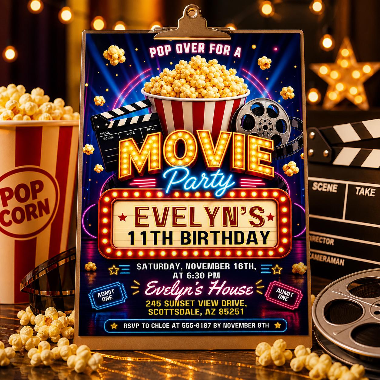 Movie Night Birthday Invitation, Movie Party Invitation, Cinema Invitation, Backyard Movie Night Birthday Birthday Invite, Editable Canva __etsy:8035836643
