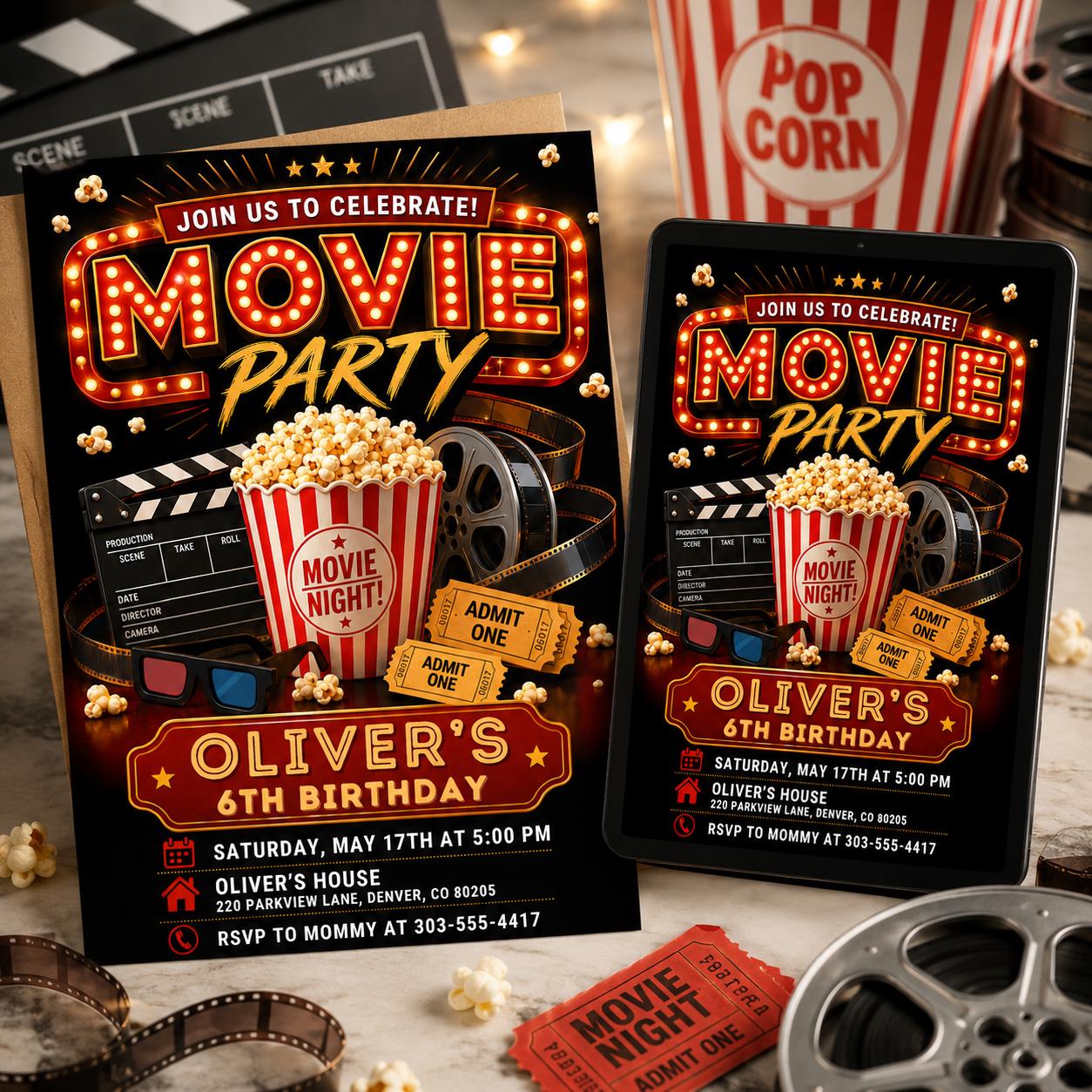 Movie Night Birthday Invitation, Movie Party Invitation, Cinema Invitation, Backyard Movie Night Birthday Birthday Invite, Editable Canva __etsy:8084720683