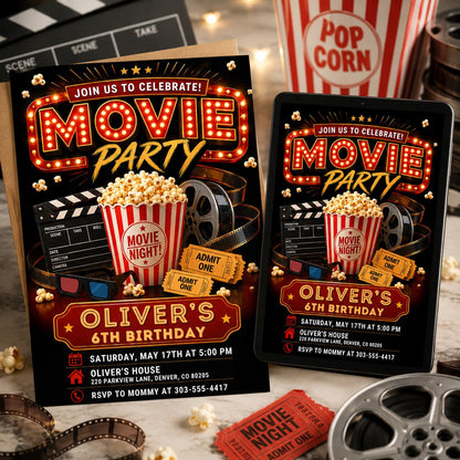 Movie Night Birthday Invitation, Movie Party Invitation, Cinema Invitation, Backyard Movie Night Birthday Birthday Invite, Editable Canva __etsy:8084720683