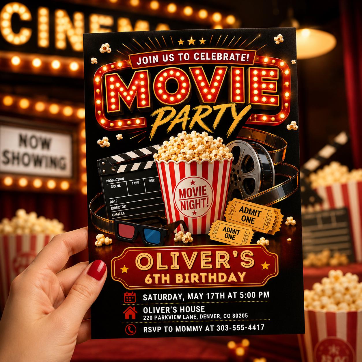 Movie Night Birthday Invitation, Movie Party Invitation, Cinema Invitation, Backyard Movie Night Birthday Birthday Invite, Editable Canva __etsy:8088220745