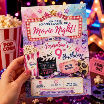 Movie Night Birthday Invitation, Movie Party Invitation, Cinema Invitation, Backyard Movie Night Birthday Birthday Invite, Editable Canva __etsy:8063260784