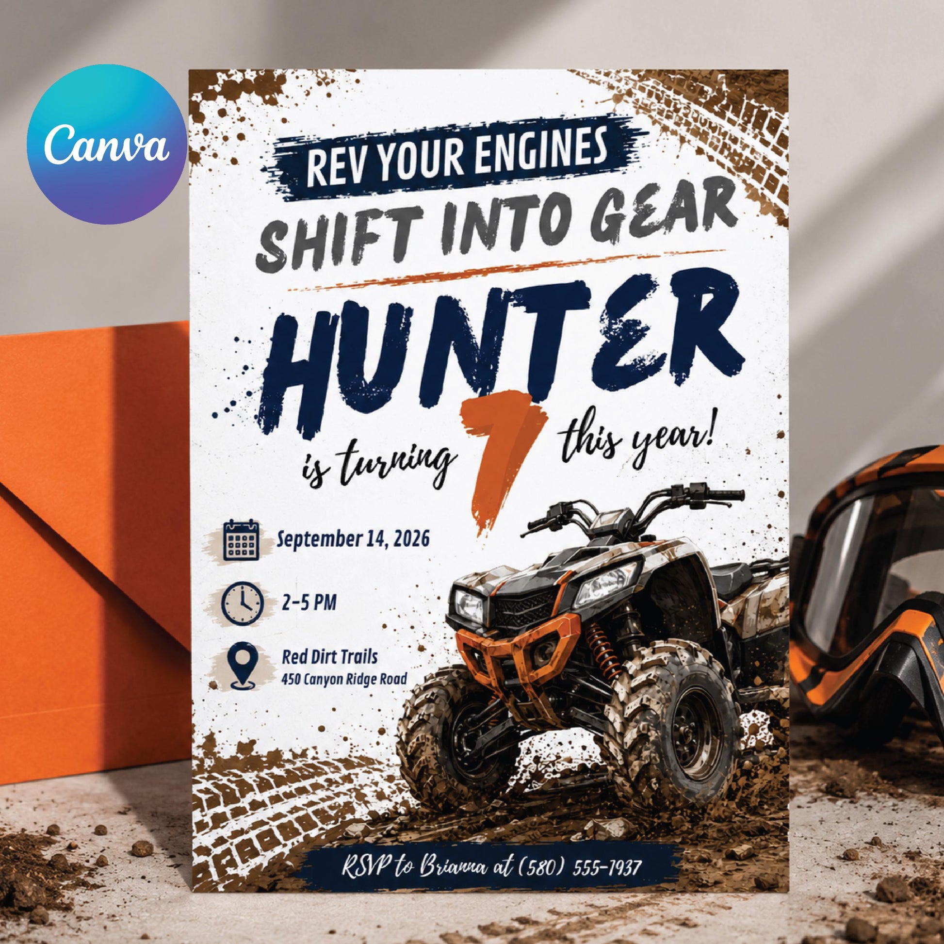 Muddy ATV Birthday Invitation, Two Fast ATV Birthday Invitation, Mud Theme, Boy 2nd Birthday, Shifting into THIRD gear Monster Truck 3rd __etsy:8022402598