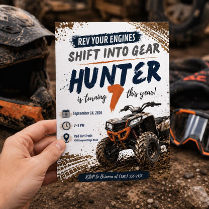 Muddy ATV Birthday Invitation, Two Fast ATV Birthday Invitation, Mud Theme, Boy 2nd Birthday, Shifting into THIRD gear Monster Truck 3rd __etsy:8070310559