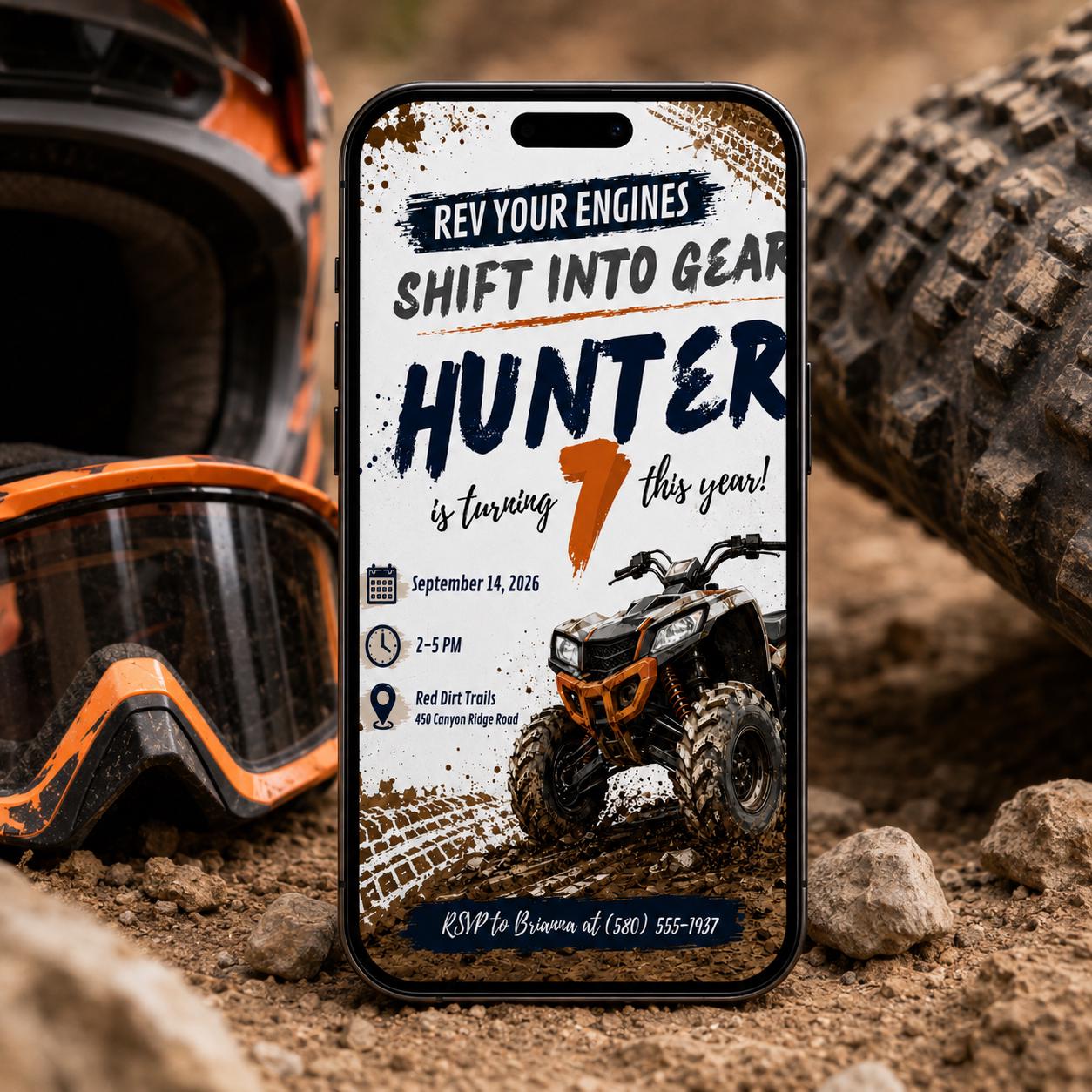 Muddy ATV Birthday Invitation, Two Fast ATV Birthday Invitation, Mud Theme, Boy 2nd Birthday, Shifting into THIRD gear Monster Truck 3rd __etsy:8070310625