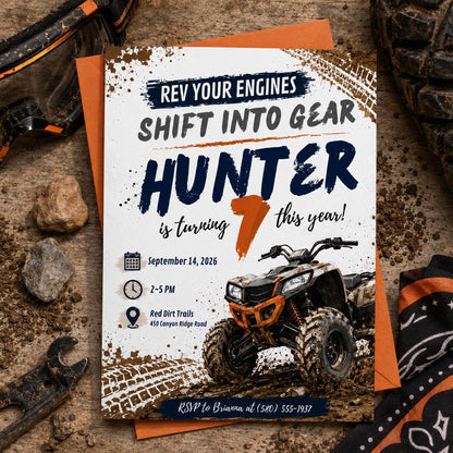 Muddy ATV Birthday Invitation, Two Fast ATV Birthday Invitation, Mud Theme, Boy 2nd Birthday, Shifting into THIRD gear Monster Truck 3rd __etsy:8022395576