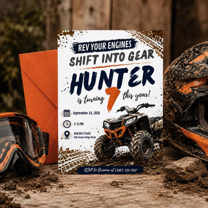 Muddy ATV Birthday Invitation, Two Fast ATV Birthday Invitation, Mud Theme, Boy 2nd Birthday, Shifting into THIRD gear Monster Truck 3rd __etsy:8070310633