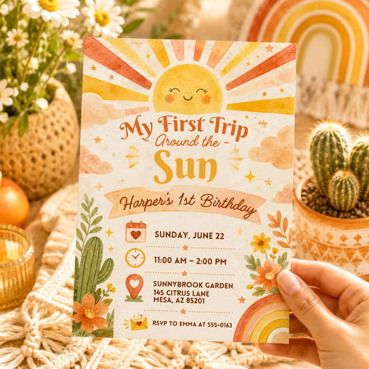 My First Trip Around The Sun Birthday Invitation, Editable Boho Sun Rainbow First Birthday Invite, Girl ONE Theme Template Printable __etsy:8177940337