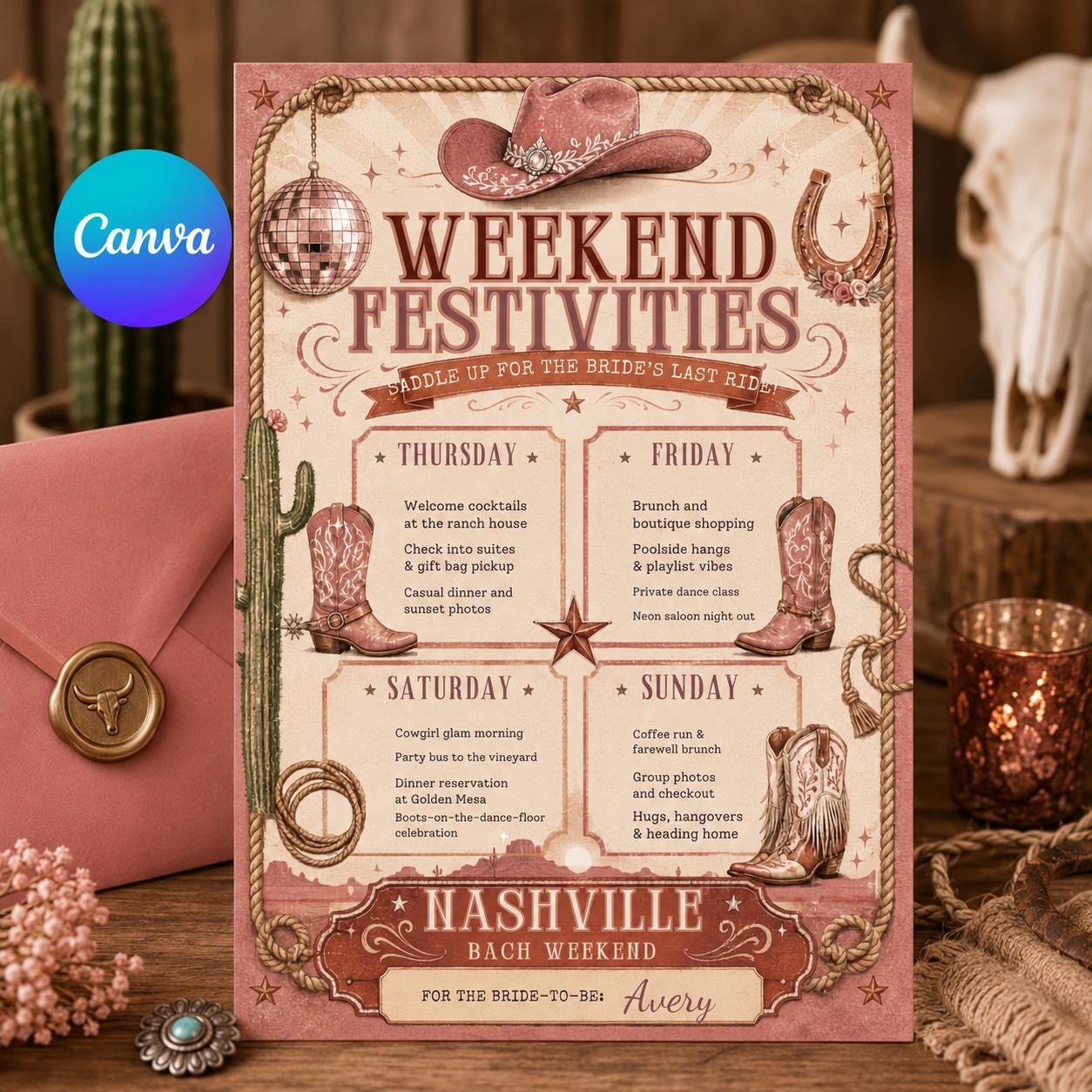 Nashville Bach Weekend  Template, Nashville Bachelorette Itinerary, Last Rodeo Bachelorette Itinerary Template, Western Cowgirl Party __etsy:8056322500