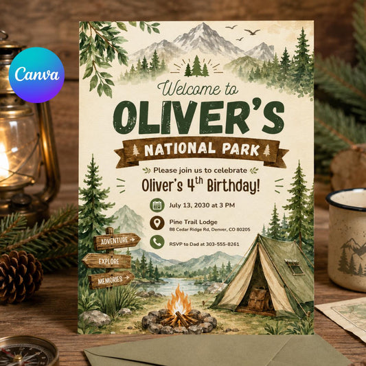 National Park Birthday Invitation, Camping Adventure Invitation, ONE happy camper theme, Outdoors Birthday Invite Canva Template __etsy:8078505087