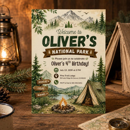 National Park Birthday Invitation, Camping Adventure Invitation, ONE happy camper theme, Outdoors Birthday Invite Canva Template __etsy:8030590922