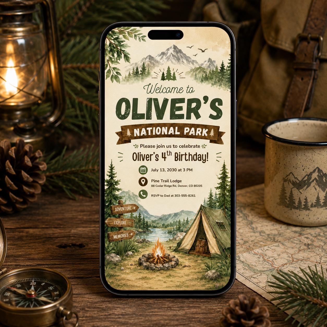 National Park Birthday Invitation, Camping Adventure Invitation, ONE happy camper theme, Outdoors Birthday Invite Canva Template __etsy:8078499533