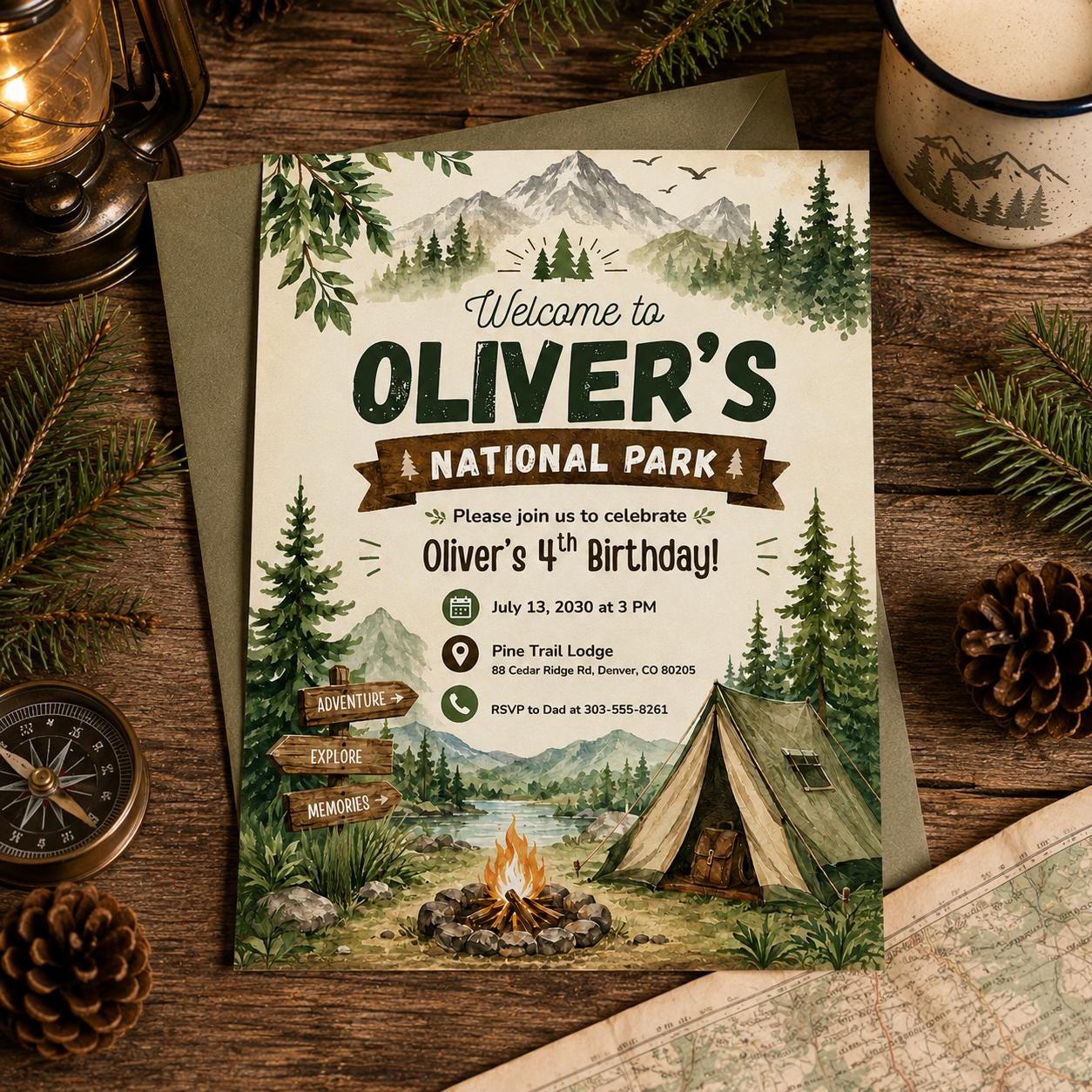 National Park Birthday Invitation, Camping Adventure Invitation, ONE happy camper theme, Outdoors Birthday Invite Canva Template __etsy:8030591180
