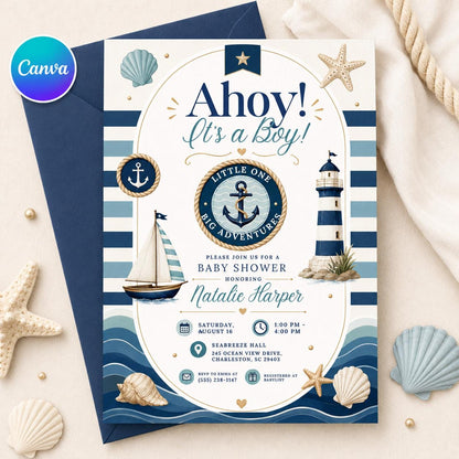 Nautical Baby Shower Invitation Template: Ahoy It's a Boy, Nautical Baby Showers, Baby Shower Invitation Boys, Coastal Invitations canva __etsy:8105426331