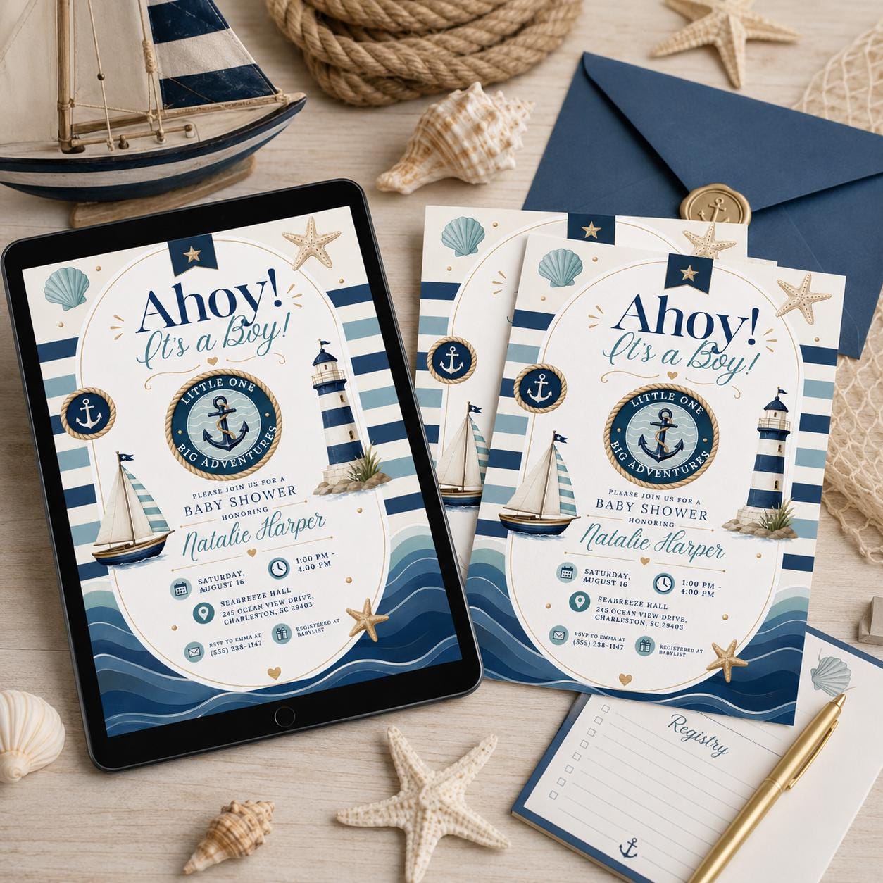 Nautical Baby Shower Invitation Template: Ahoy It's a Boy, Nautical Baby Showers, Baby Shower Invitation Boys, Coastal Invitations canva __etsy:8057514372