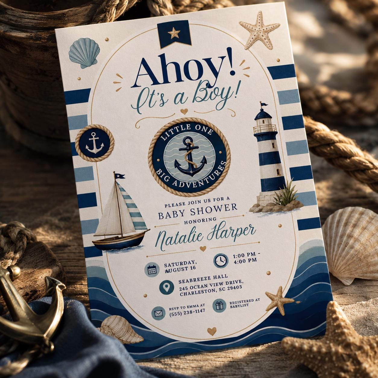 Nautical Baby Shower Invitation Template: Ahoy It's a Boy, Nautical Baby Showers, Baby Shower Invitation Boys, Coastal Invitations canva __etsy:8105426327