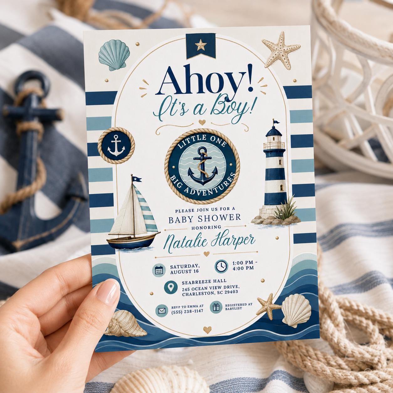 Nautical Baby Shower Invitation Template: Ahoy It's a Boy, Nautical Baby Showers, Baby Shower Invitation Boys, Coastal Invitations canva __etsy:8105426341