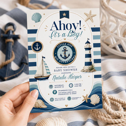 Nautical Baby Shower Invitation Template: Ahoy It's a Boy, Nautical Baby Showers, Baby Shower Invitation Boys, Coastal Invitations canva __etsy:8105426341