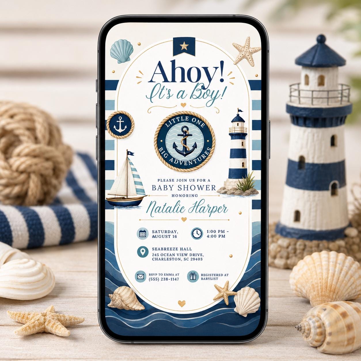 Nautical Baby Shower Invitation Template: Ahoy It's a Boy, Nautical Baby Showers, Baby Shower Invitation Boys, Coastal Invitations canva __etsy:8057514412