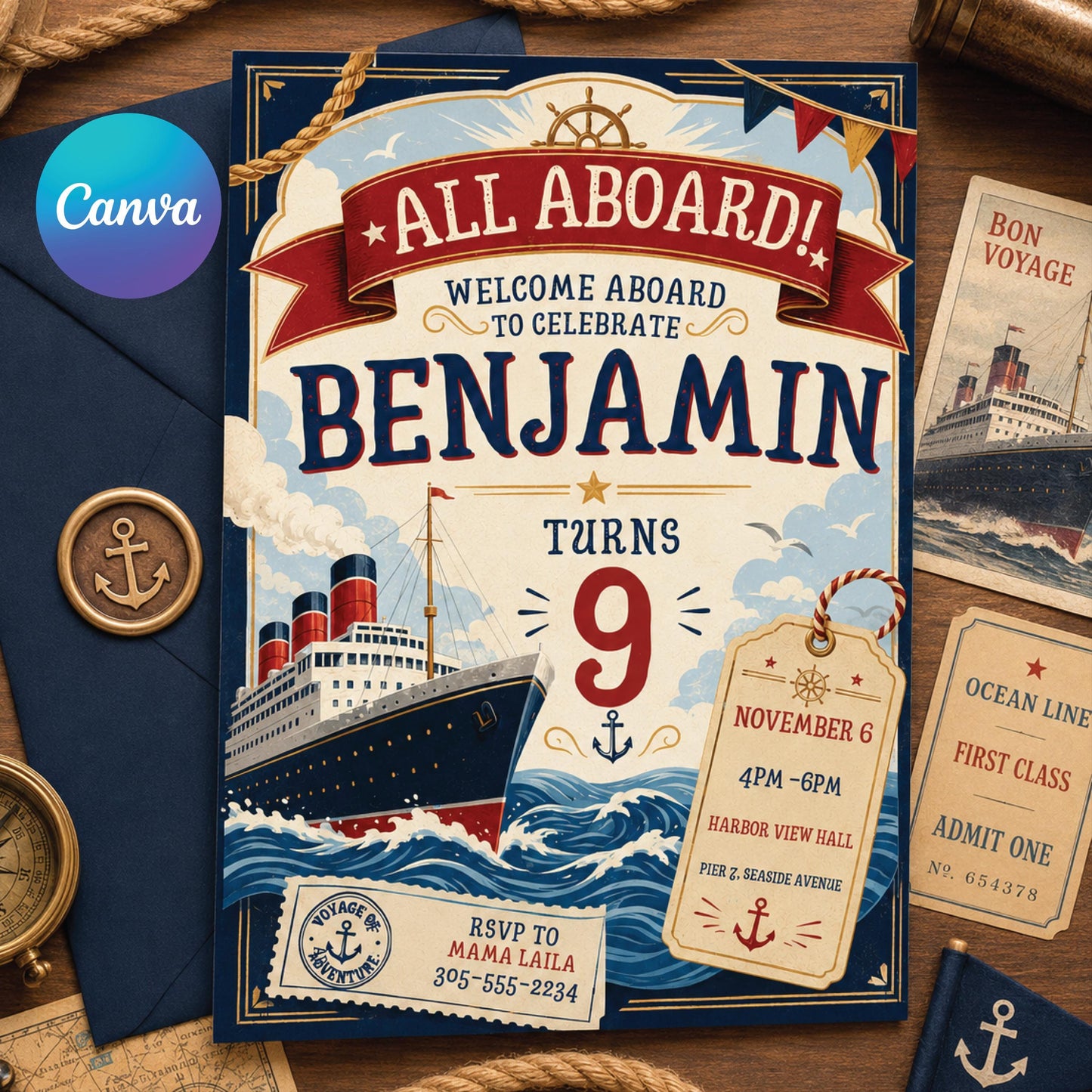 Nautical Birthday Invitation Template, Editable Canva Cruise Ship Party Invite, All Aboard Cruise Ship Birthday, Titanic Birthday Invitation __etsy:8024417204