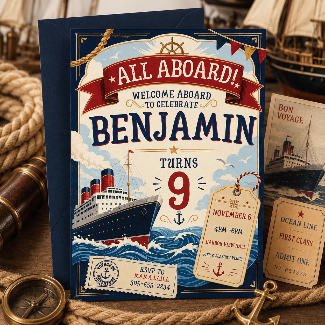 Nautical Birthday Invitation Template, Editable Canva Cruise Ship Party Invite, All Aboard Cruise Ship Birthday, Titanic Birthday Invitation __etsy:8072324031