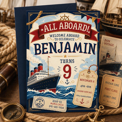 Nautical Birthday Invitation Template, Editable Canva Cruise Ship Party Invite, All Aboard Cruise Ship Birthday, Titanic Birthday Invitation __etsy:8072324031