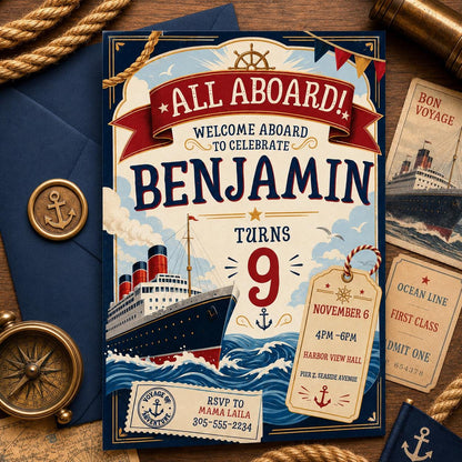 Nautical Birthday Invitation Template, Editable Canva Cruise Ship Party Invite, All Aboard Cruise Ship Birthday, Titanic Birthday Invitation __etsy:8024414496