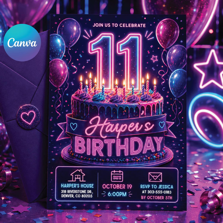 Neon Blue 11th Birthday Invitation for Girls