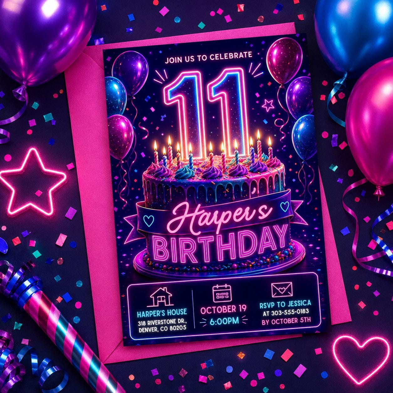 Neon Blue 11th Birthday Invitation, Glow Party Canva Template, Glow Party for Girls, Editable Printable Birthday Party Invite, Canva __etsy:8012849662